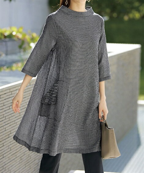 ワンピース ひざ丈 シニア ファッション ギンガム サッカー ブラック×オフホワイト M〜L/LL ニッセン nissen