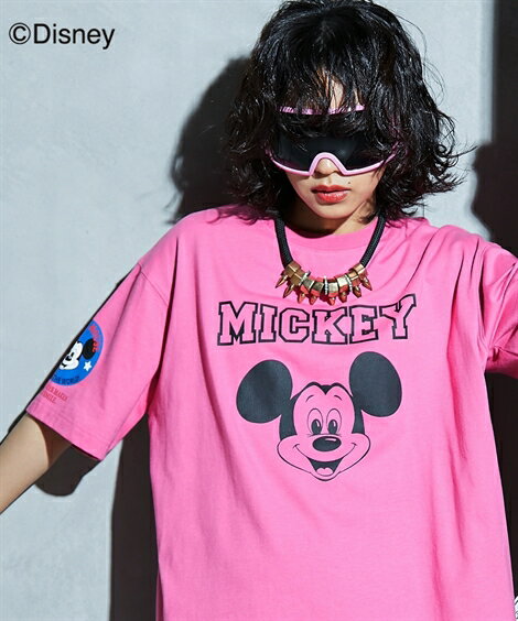 トップス Tシャツ カットソー レディース /ディズニー ミッキーマウス/ 綿100％ フェイス プリント GEVS. 夏 オフホワイト/ピンク/黒 ニッセン nissenのサムネイル
