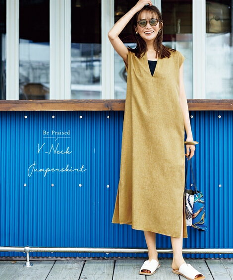 ジャンパースカート レディース リネン ライク ジャンパー スカート ジャンスカ ワンピース ベージュ/マスタード/黒 S/M/L/LL ニッセン nissenのサムネイル