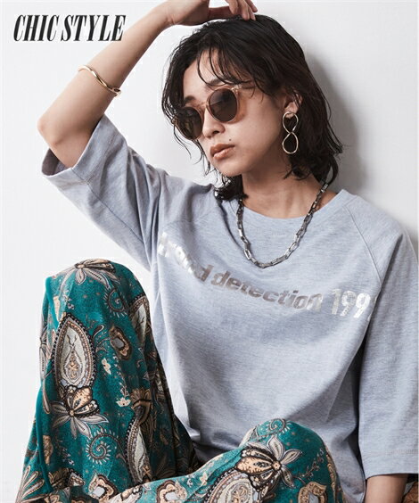 Tシャツ カットソー 大きいサイズ レディース 5分袖ラグランスリーブ箔ロゴ プリント シックス タイル オフホワイト/杢グレー L/LL/3L/4L/5L ニッセン nissenのサムネイル