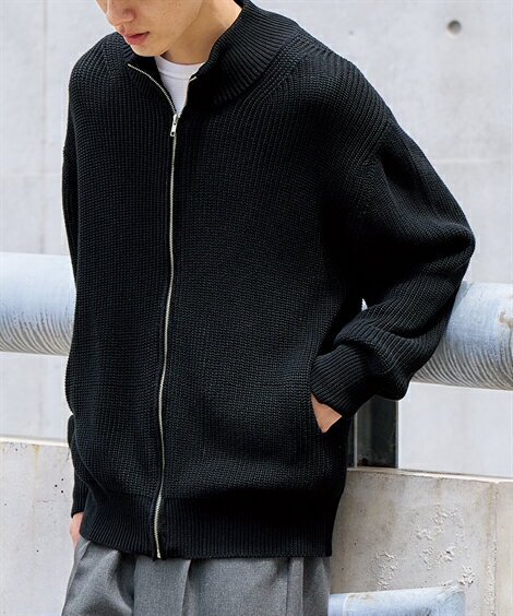 ニット セーター メンズ 綿100% ジップアップ ブルゾン チャコールグレー/黒 M〜10L ニッセン nissen