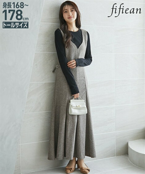 ジャンパースカート トールサイズ レディース 高身長 ツイードフレア ジャンパー スカート fifiean ジャンスカ ワンピース ブラウン系/黒系 M/L/LL/3L ニッセン nissenのサムネイル