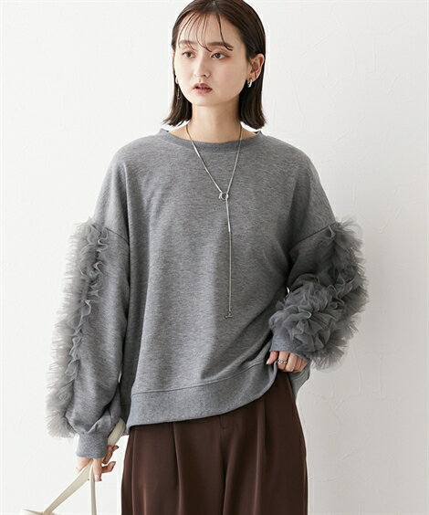 【店内全品対象★25%OFFクーポン★配布中 2/4 20時開始】トレーナー スウェット レディース 袖チュール ショート 丈 プルオーバー オフホワイト/黒/杢チャコール S/M/L/LL ニッセン nissenのサムネイル