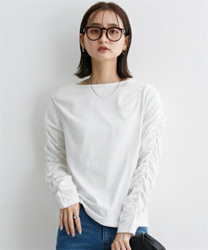 Tシャツ カットソー レディース 袖シャーリング 長袖 トップス オフホワイト/黒 M/L ニッセン nissen Tシャツ カットソー レディース 袖シャーリング 長袖 トップス オフホワイト/黒 M/L ニッセン nissen