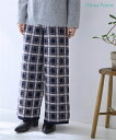 ワイドパンツ レディース チェック柄 ニット ワイド パンツ Otona Purete 冬 ゆったり 体型カバー 美脚 ボトムス ズボン ネイビー系 M~6L ニッセン nissen