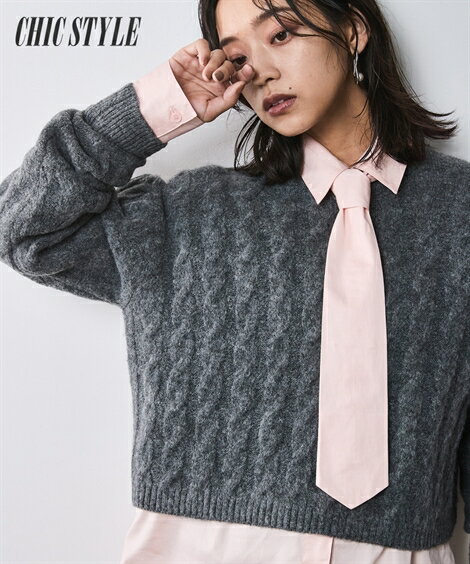 ニット セーター レディース ケーブル編 ショート プルオーバー シックス タイル 対応 冬 グレー/ネイビー M～10L ニッセン nissen