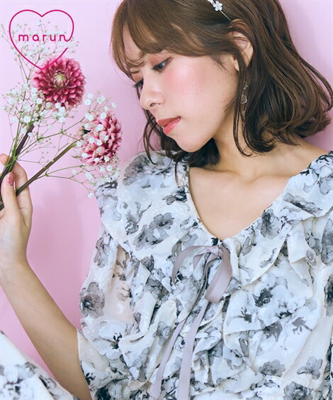 ワンピース ロング マキシ レディース バルーン衿フリル marun ひざ下 ライトグレー/黒 L〜