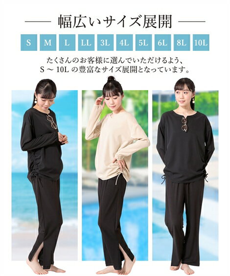 水着 大きいサイズ レディース 上下2点セット 水陸両用 ラッシュガード 指穴付き ＆スリット入りラッシュ レギンス かわいい おしゃれ ブラック/ベージュ S〜10L ニッセン nissen