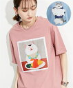 Tシャツ カットソー レディース ネコ絵描きオノマイ 綿100% ネコTシャツ 夏 オフホワイト 大漁 /チャコール オムライスたまごのせ /チャコ-ル 大漁 /ピンク オムライスたまごのせ /ブルーグレー 大漁 | LL/3L/4L | ニッセン nissen