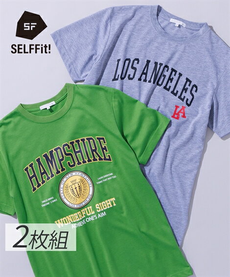Tシャツ カットソー メンズ 半袖 プリント 2枚組 カレッジ柄 有 トップス グレー杢+グリーン M〜10L ニッセン nissen