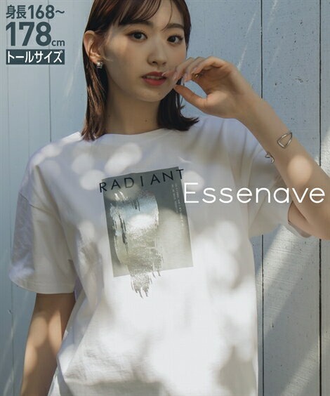 Tシャツ カットソー トールサイズ レディース 高身長 綿100％ スクエア プリント 箔Tシャツ 