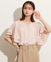シャツ ブラウス レディース ラッフルスリーブVネック 半袖 夏 オフホワイト/サックス/ネイビー/ピンクベージュ | M | ニッセン nissen