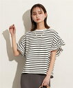 Tシャツ カットソー レディース 綿100% ショルダー フリルTシャツ 夏 オフホワイト/チャコール/ピンク/黒×白ボーダー | M/L | ニッセン nissen