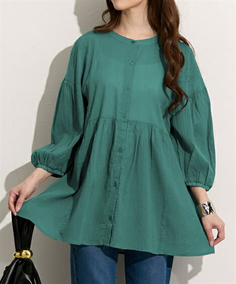 シャツ ブラウス レディース ギャザー入 チュニック 夏 オフホワイト/セージグリーン/黒 | M | ニッセ..