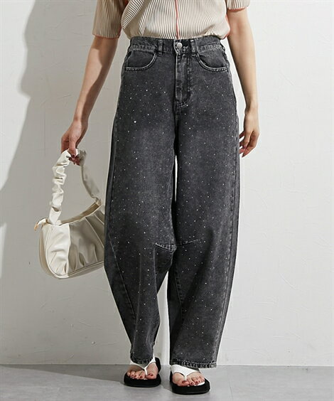 【店内全品対象★20%OFFクーポン配布中★11/23 18時開始】ワイドパンツ レディース ラインストーン付カーブ パンツ 夏 ゆったり 体型カバー 美脚 ボトムス ズボン ブラック ケミカル /ブルー ケミカル | M/L | ニッセン nissen