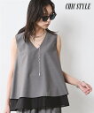 シャツ ブラウス レディース Vネック 2WAY ノースリーブ 有 シックス タイル 夏 グレー/黒 | M~10L | ニッセン nissen