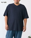 Tシャツ カットソー メンズ 吸汗速乾 ドライ ワッフル素材 Vネック 夏 ビッグ ラージ トップス ネイビー/ブラック | 3L~10L | ニッセン nissen