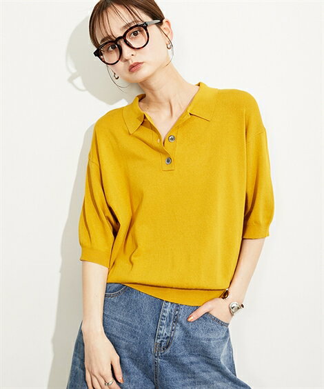 ニット セーター レディース 5分袖ポロ衿 夏 マスタード/黒 | S～6L | ニッセン nissen