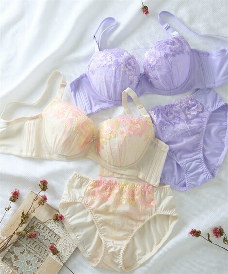 ブラジャー ショーツ セット レディース 大きい胸 脇高 ナチュラル カラー DEFカップ 春 夏 秋 冬 ブラショーツ 女性 インナー パンツ パンティ クリーム/パープル | D75_L～F90_3L | ニッセン nissen