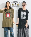 【全品対象クーポン配布中★先着100名 50%OFF★先着3,000名 25%OFF!9/4 20時開始】チュニック レディース HAPPY FACE ルーズサイズ プリント 秋 体型カバー お尻隠れる カーキ/黒 | L~LL/3L~4L/5L~6L/8L/10L | ニッセン nissen