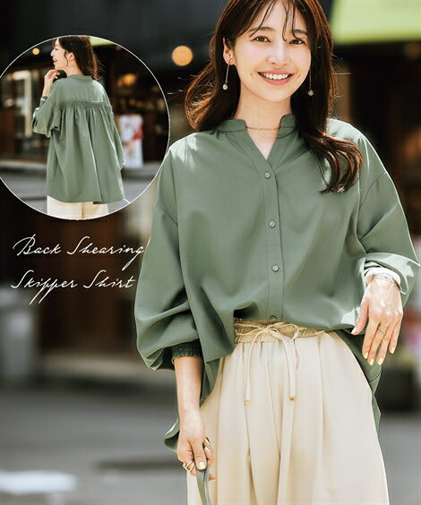 【全品対象クーポン配布中★先着100名 50％OFF★先着3,000名 25%OFF！9/4 20時開始】シャツ ブラウス レディース とろみ素材 バック シャーリングスキッパー 防シワ 吸汗速乾 春 秋 アイボリー/ダスティグリーン/ベージュ/黒 | S〜6L | ニッセン nissenのサムネイル