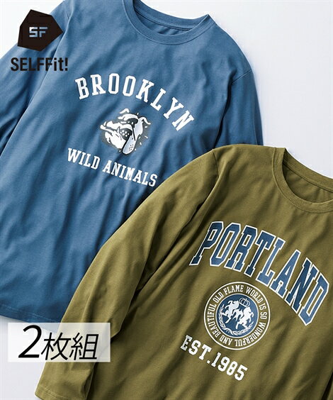 【全品対象クーポン配布中★先着100名 50％OFF★先着3,000名 25%OFF！12/4 20時開始】Tシャツ カットソー メンズ プリント 長袖 2枚組 アメカジ柄 春 秋 トップス ダークグリーン＋ダークブルー | M～10L | ニッセン nissen