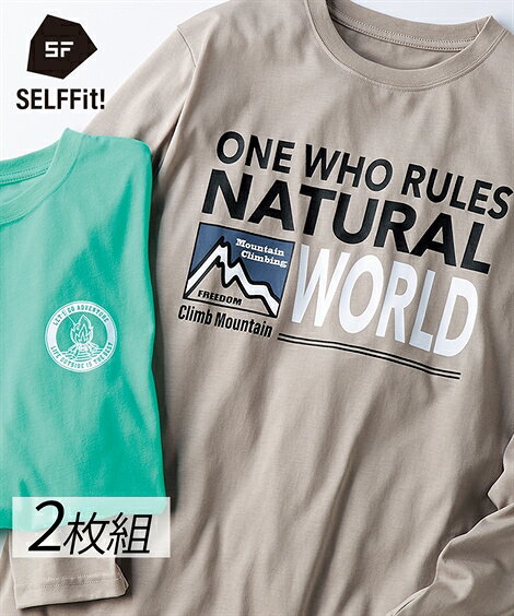 【全品対象クーポン配布中★先着100名 50％OFF★先着3,000名 25%OFF！12/4 20時開始】Tシャツ カットソー メンズ プリント 長袖 2枚組 アウトドア柄 春 秋 トップス グレージュ＋グリーン | M～10L | ニッセン nissen