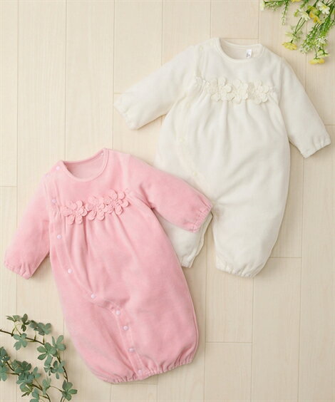 ベロア お花付き ツーウェイオール 2way ドレスオール 兼用ドレス 2way 兼用ドレス長袖 女の子 かわいい ニッセン baby ベビー服 赤ちゃん 新生児 ベビーウエア QUNTSTYLE 50 60 70 秋 春服