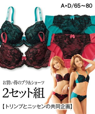 ブラジャーショーツセット (A70/M-D80/L) セクシー デザイン レース ブラジャー ショーツ 2セット組（ トリンプ ）ニッセン 3/4カップ nissen ブラ パンツ セット A70 A75 B65 B70 B75 B80 C65 C70 C75 C80 D65 D70 D75 D80 M L 女性 下着 レディース