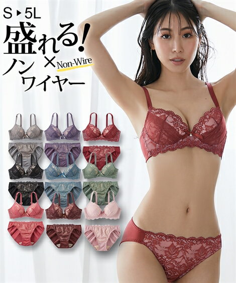 ブラジャー＆ショーツセット 4L 5L 大きいサイズ ヌーディカラー ランジェリー ノンワイヤー ブラショーツ セット ニッセン 女性 下着 レディース 谷間 プチプラ