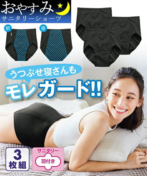 ショーツ パンツ 8L 10L 大きいサイズおやすみ サニタリーショーツ 綿混ストレッチ前後長い防水布付シンプル深ばきショーツ夜用3枚組羽付ナプキン対応 ニッセン