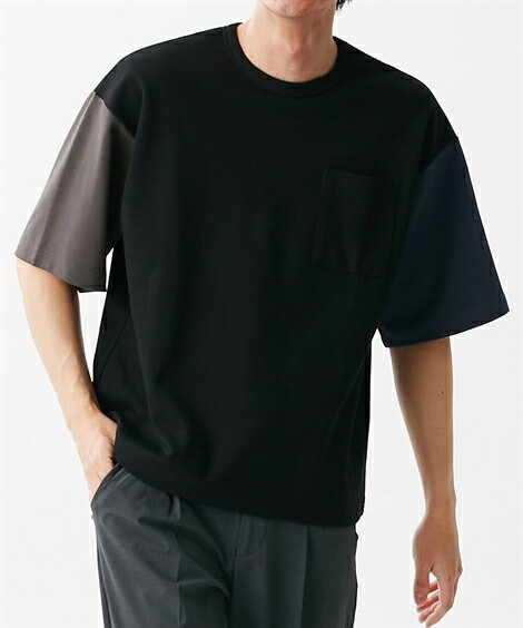 トップス オーバーサイズ ダブルフェイス クレイジー配色 5分袖 Tシャツ S-10L 大きいサイズ メンズ ニッセン nissen
