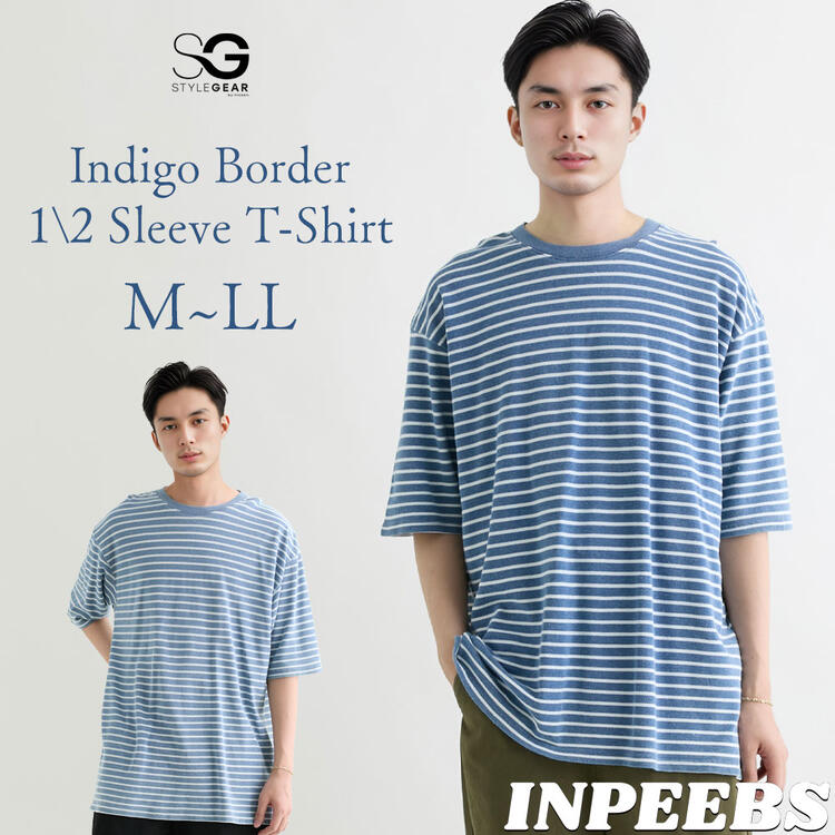 Tシャツ 五分袖 インディゴボーダー 5分袖Tシャツ M-LL メンズ ニッセン nissen