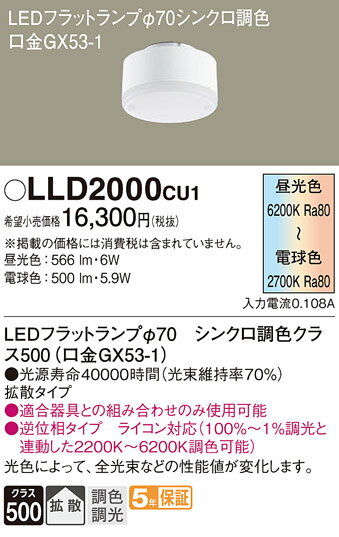 パナソニック LEDフラットランプ LLD2000CU1 Φ70 拡散・調光・調色(ライコン別売) Panasonic 2