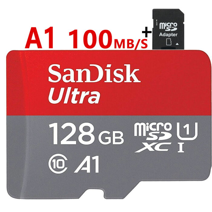 microSDカード 128GB SanDisk 100MB/秒 アプリ最適化 A1対応 UHS-1 超高速 海外向けパッケージ SDカード変換アダプター付き 送料無料