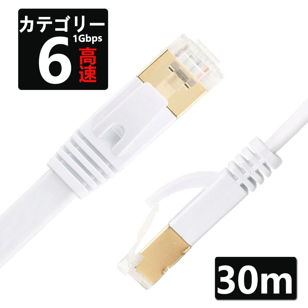 LANケーブル CAT6 30m 1ギガビット 高速通信対応 ツメ折れ防止 ランケーブル カテゴリー6 薄型フラットケーブル