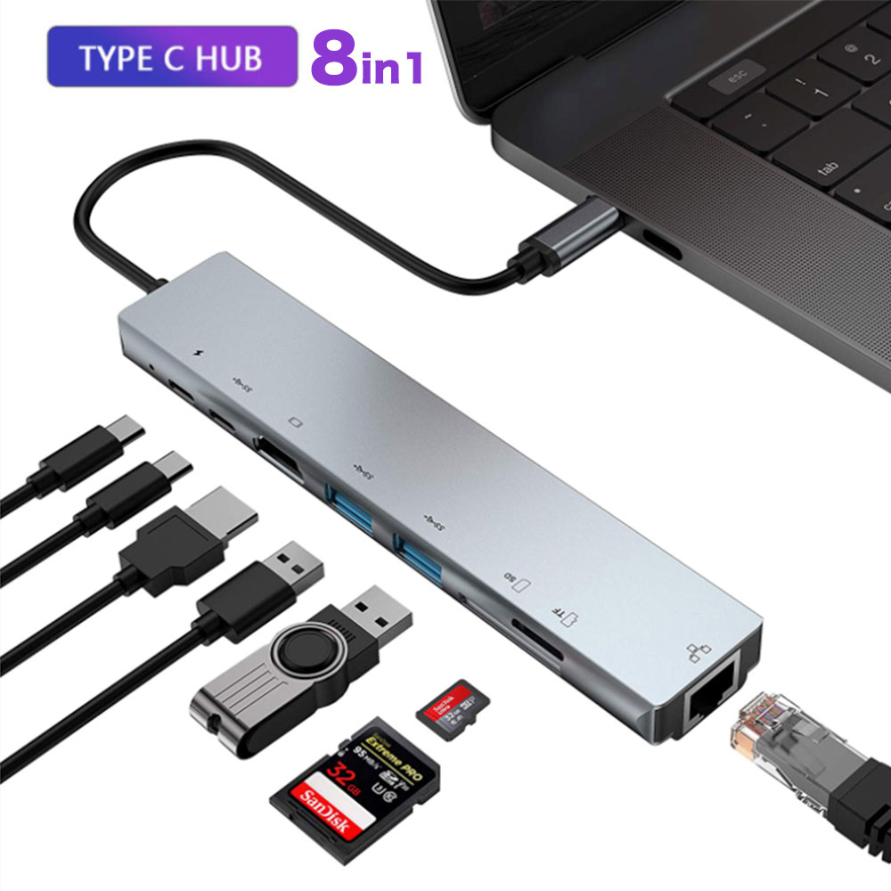 Type C 変換アダプタ 8in1 グレーUSB C ハブ Type C ドッキングステーション USB Type-c Hub HDMI出力 PD給電 LAN 高…