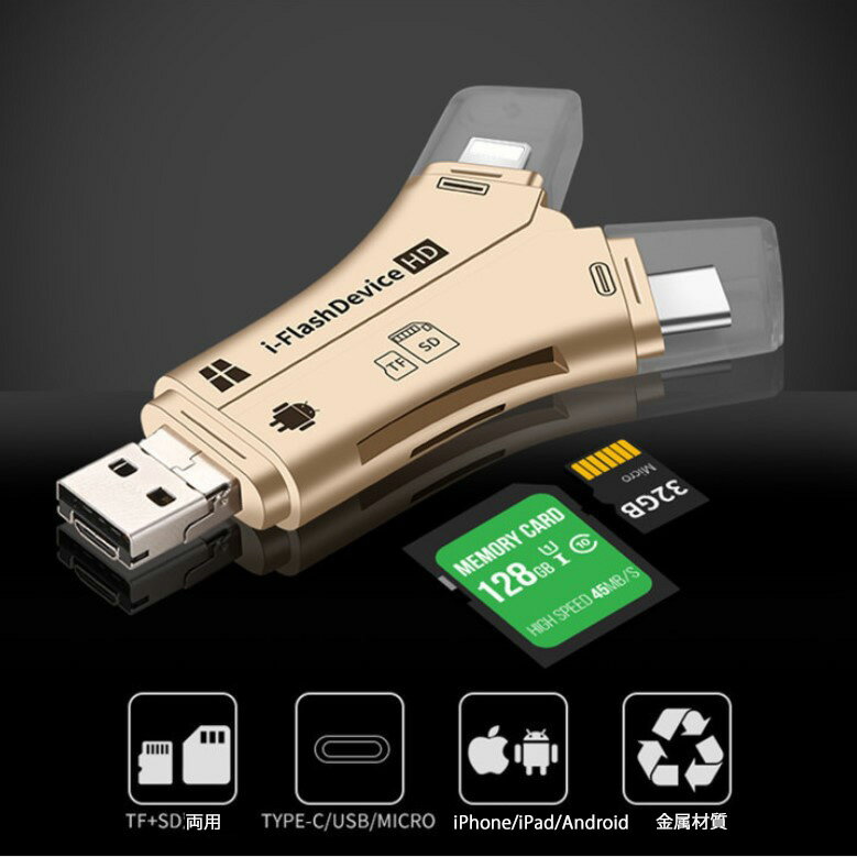 SDカードリーダー 4in1 iPhone /Micro USB/Type C/USB 全対応 ー iPhone/iPad/Android/コンピューター用 SD/TFカード…