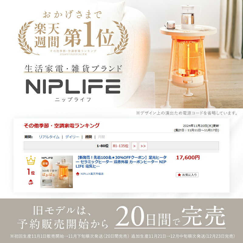 【楽天週間1位★10%OFFクーポン】速暖 省エネ 電気ヒーター NUKUREA テーブル型 足元ヒーター 遠赤外線ヒーター カーボンヒーター 電気ストーブ 節電 NIPLIFE デスクヒーター 足元 暖房 フットヒーター 足 ヒーター 暖房器具 静音 防寒対策 寒さ対策 (3)