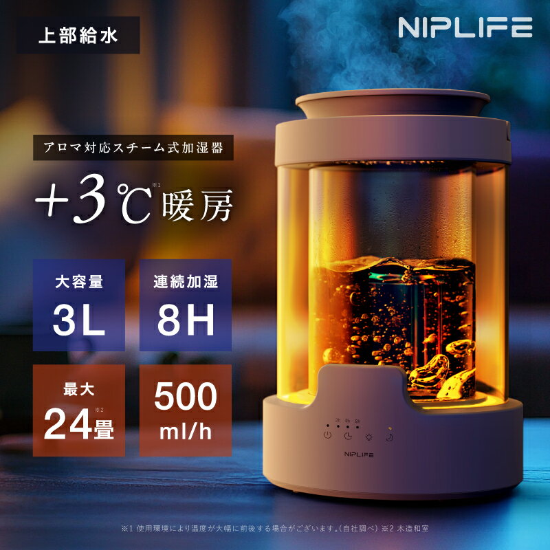【新発売★30%OFFクーポン】スチーム式 加湿器 URURA ウルラ NIPLIFE 加熱式 抗菌 除菌 高熱抗菌 24畳 3L 連続8時間運転 上部給水 フ...