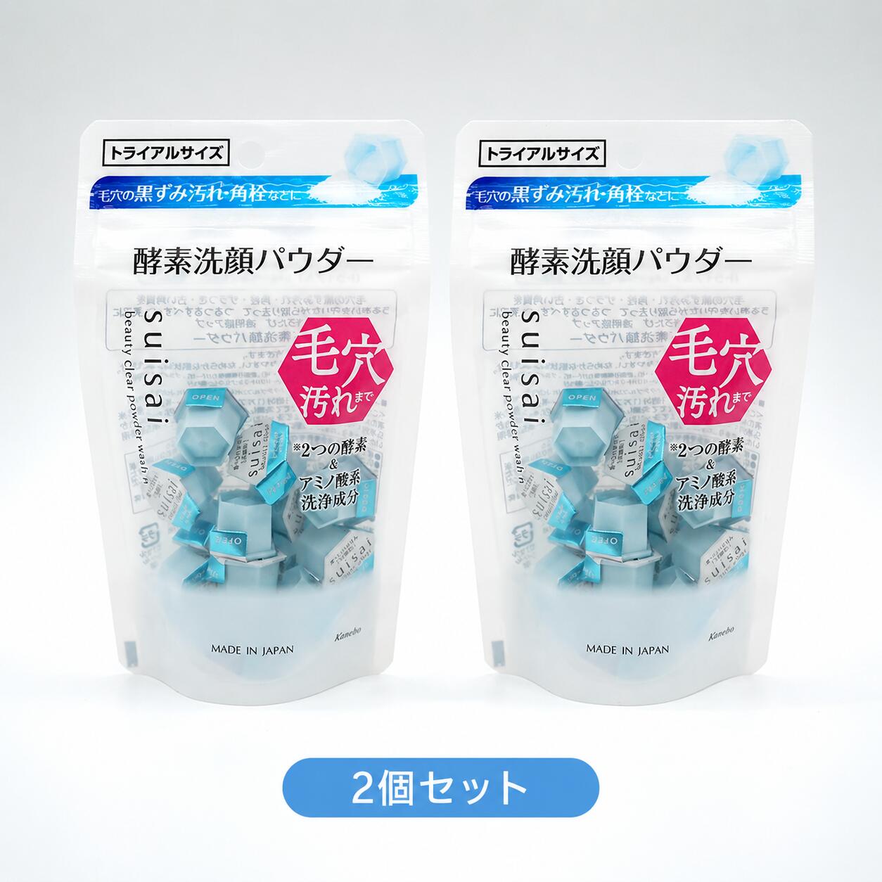 【スイサイ ビューティクリア パウダーウォッシュNの商品詳細】 ●2つの酵素＆アミノ酸系洗浄成分配合※で毛穴の黒ずみ汚れ・角栓・ザラつき・古い角質をうるおいを守りながら取り去って、洗うたび透明感がアップ。つるつるすべすべな素肌に洗い上げる酵素洗顔パウダー。 ●お肌を洗浄し、ニキビを防ぎます ※洗浄成分：タンパク分解酵素(プロテアーゼ)、皮脂分解酵素(リパーゼ)、アミノ酸系洗浄成分(ラウロイルグルタミン酸Na、ミリストイルグルタミン酸Na) 【使用方法】 手のひらに1回分(1カプセル)のパウダーをとり少量の水またはぬるま湯でよく泡立てて洗顔します。どちらか一方のシールの先からあけてください。 【成分】 タルク、ココイルイセチオン酸Na、オレフィン(C14-16)スルホン酸Na、ラウロイルグルタミン酸Na、ラウリン酸K、ミリストイルグルタミン酸Na、カラギーナン、シルク、メチコン、イソステアリルアルコール、BHT、DPG、エチルグルコシド、乳酸、水酸化K、プロテアーゼ、ヒアルロン酸Na、リパーゼ、メチルパラベン 【注意事項】 ・傷、はれもの、湿疹等異常のあるところには使用しないでください。 ・肌に異常が生じていないかよく注意してご使用ください。肌に合わない時や、使用中、赤み、はれ、かゆみ、刺激、色抜け(白斑等)や黒ずみ等の異常が出た時、また日光があたって同じような異常が出た時は使用を中止し、皮フ科医へ相談してください。使い続けると症状が悪化することがあります。 ・目に入らないように注意し、入った時は、すぐに充分洗い流してください。異常が残る場合は、眼科医に相談してください。 ・子供や認知症の方などの誤食等を防ぐため、置き場所にご注意ください。 【原産国】 日本 【ブランド】 suisai(スイサイ) 【発売元、製造元、輸入元又は販売元】 カネボウ化粧品