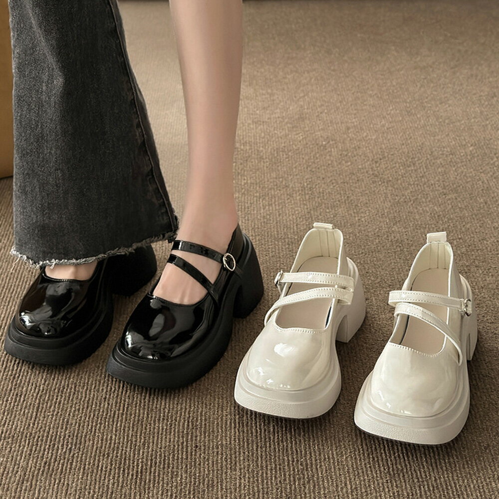 パンプス 厚底 ダブルストラップ 韓国ストラップパンプス 厚底ローファー靴 フェイクレザーくつ