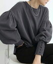 ボリューム袖 スウェット レディース長袖ぽわん袖無地春秋冬 体型カバー大人女性 スウェットシャツ黒(4)