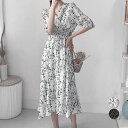 花柄 フレアワンピース春夏カシュクール風夏ワンピース細見え シフォンワンピ 黒 レトロ風フェミニン