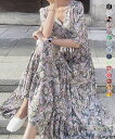 花柄ワンピース5分袖ティアードワンピースリゾートワンピース フラワーワンピース 着やせワンピ韓国風