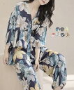 総柄パジャマ レディースルームウェア春夏お泊り寝間着セット 爽やか リラックス ゆったり体型カバー
