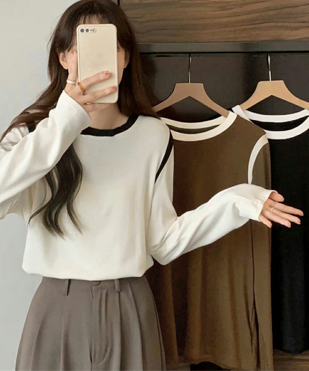 バイカラー Tシャツ 長袖 韓国風お洒落カットソー ラウンドネック春秋 Tシャツ配色着やせ