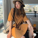 ゆったり Tシャツワンピース レディース無地ロンt薄手春夏 体型カバートップス 半袖ゆるワンピース