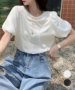韓国風tシャツ レディース 半袖 お洒落コットントップス白 タックスリーブ夏服 フェミニン服可愛い