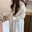 白シャツワンピース長袖 韓国ファッションボリューム袖ワンピ ロングシャツ長袖秋 膝丈ワンピース大人